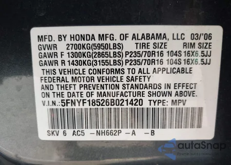 2006 Honda Pilot Ex-L from USA, damaged, VIN 5FNYF18526B021420